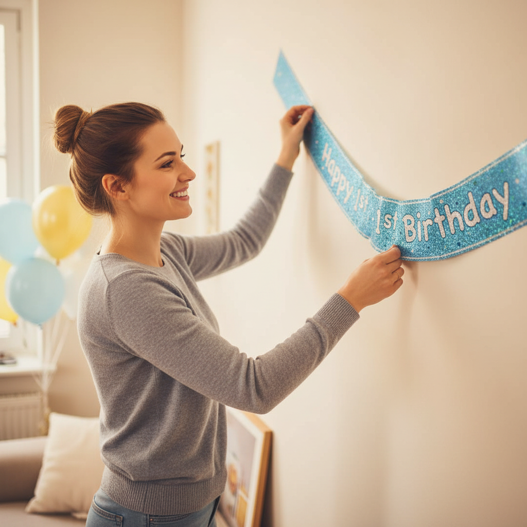 Mum hanging blue glitter 1st birthday banner in party room