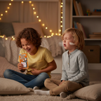 Two kids at a sleepover laughing as one uses joke sneezing powder to prank the other