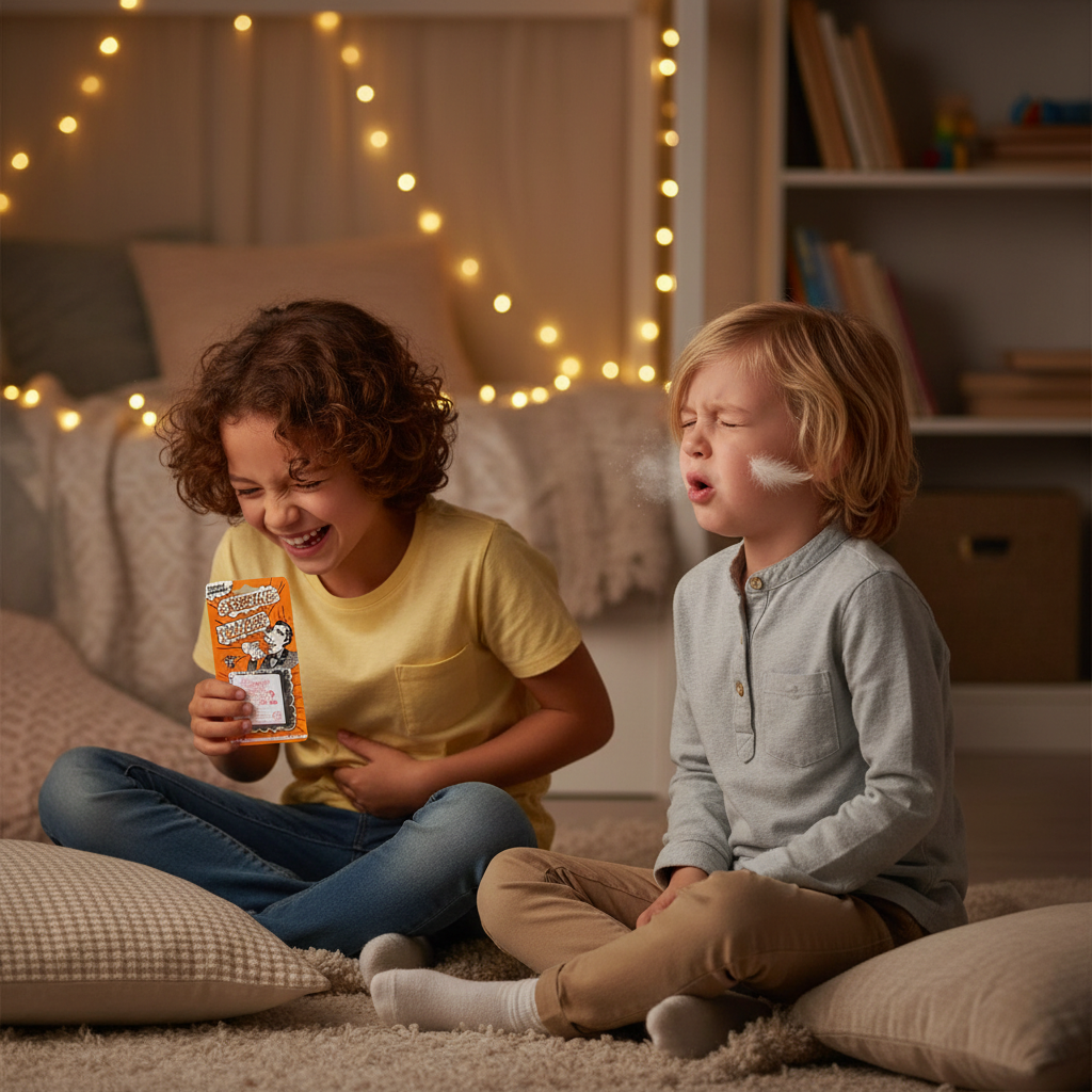 Two kids at a sleepover laughing as one uses joke sneezing powder to prank the other