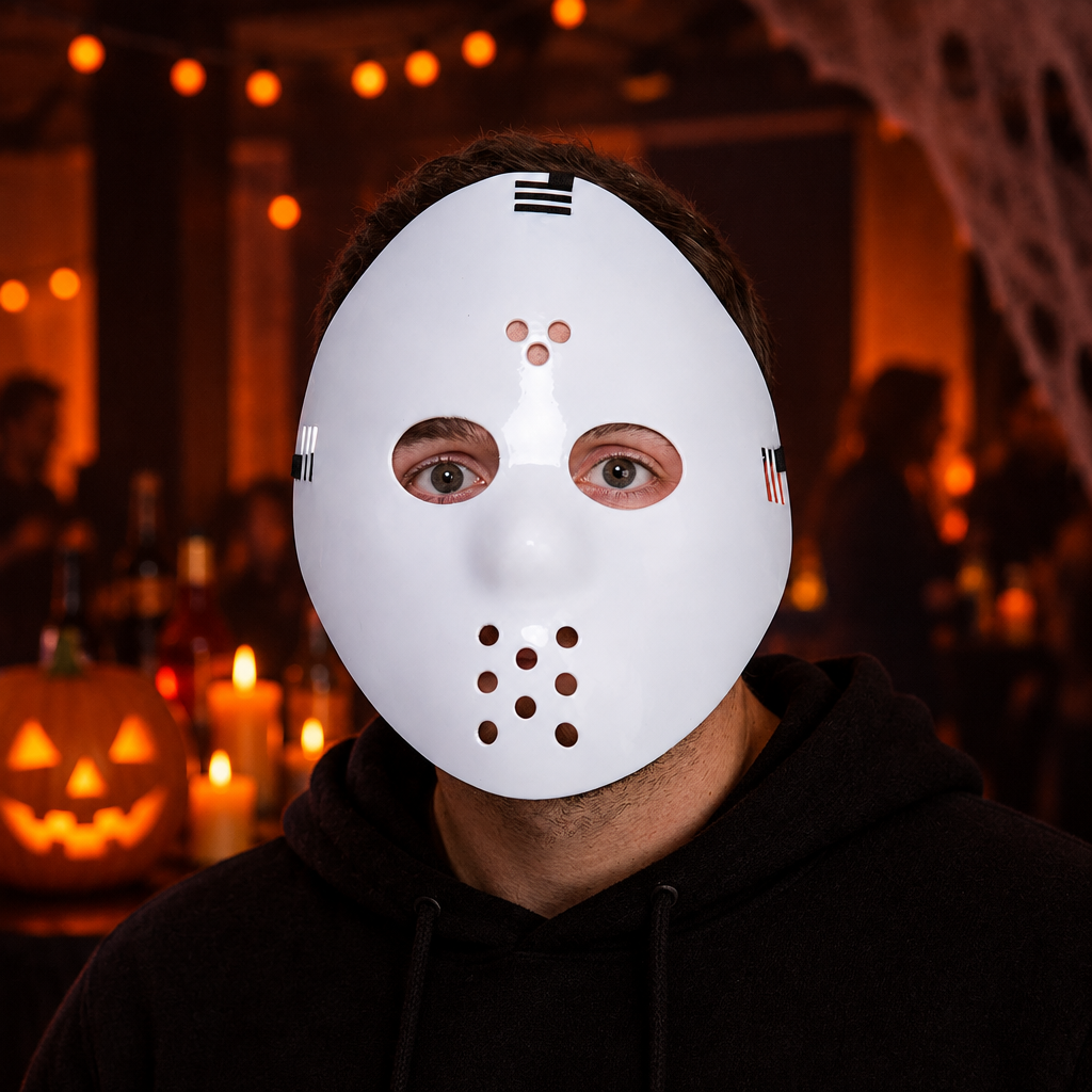 Person wearing a white hockey mask at a Halloween party with pumpkins and warm lights