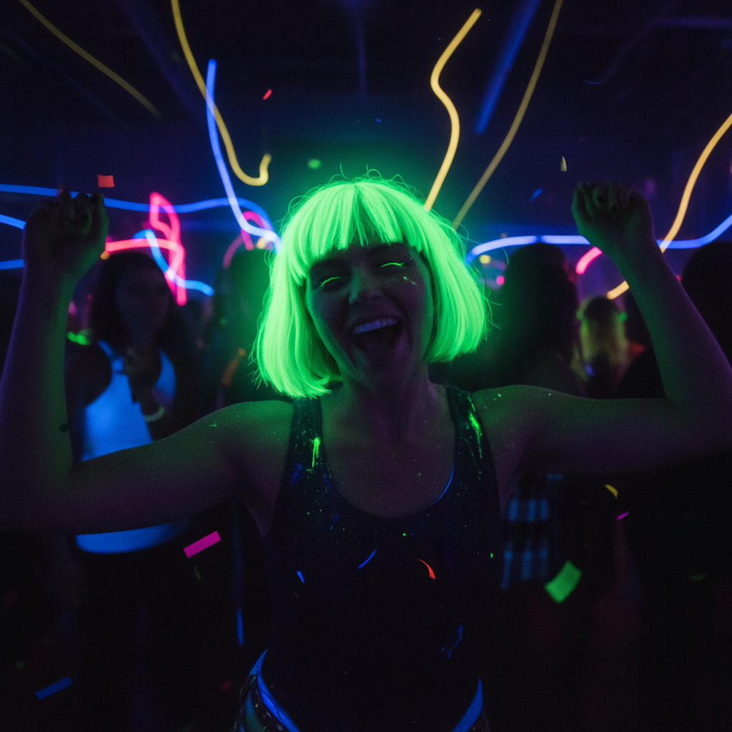Person with glowing fluorescent green hair at neon rave party - Party Success UV reactive hair spray results