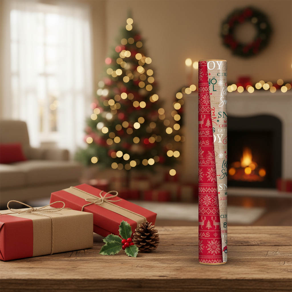 North Pole Christmas wrapping paper roll displayed in a decorated festive home setting