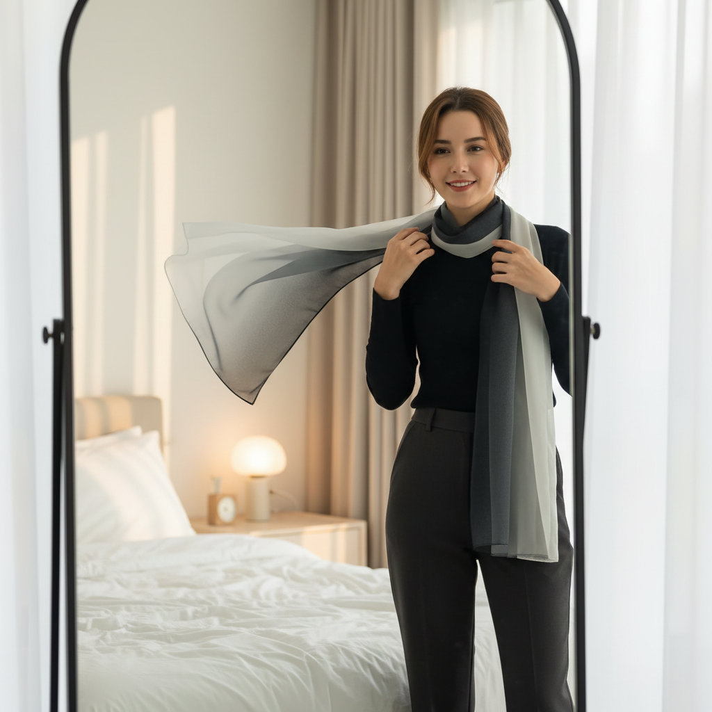 Woman styling gradient black and white chiffon scarf in front of mirror in bright bedroom