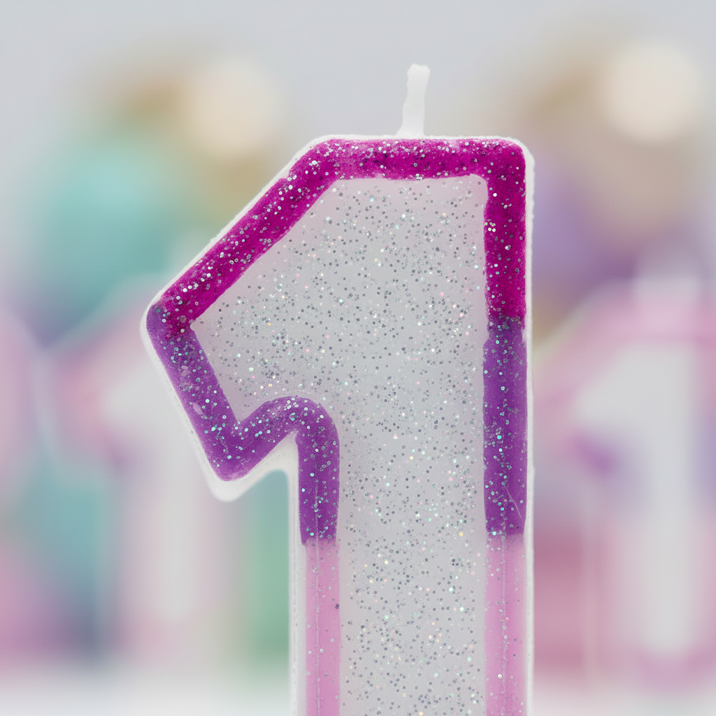 Extreme macro close-up of pink glitter border texture on number 1 birthday candle showing sparkle craftsmanship