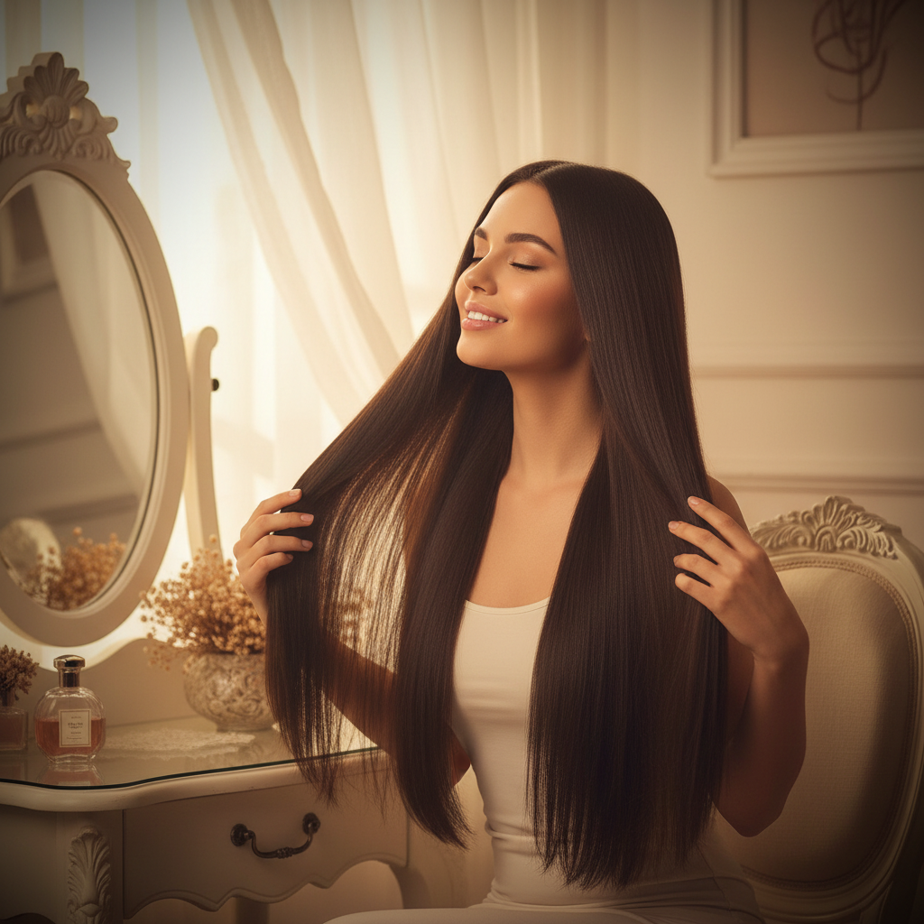 Woman with long silky straight chocolate brown hair enjoying a golden hour beauty moment