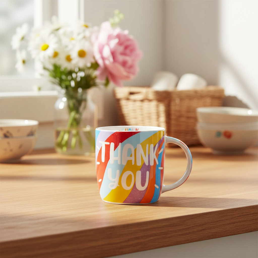 Gift Mug Thank You – ceramic mug with heartfelt design on a cosy kitchen counter with soft natural light and fresh flowers