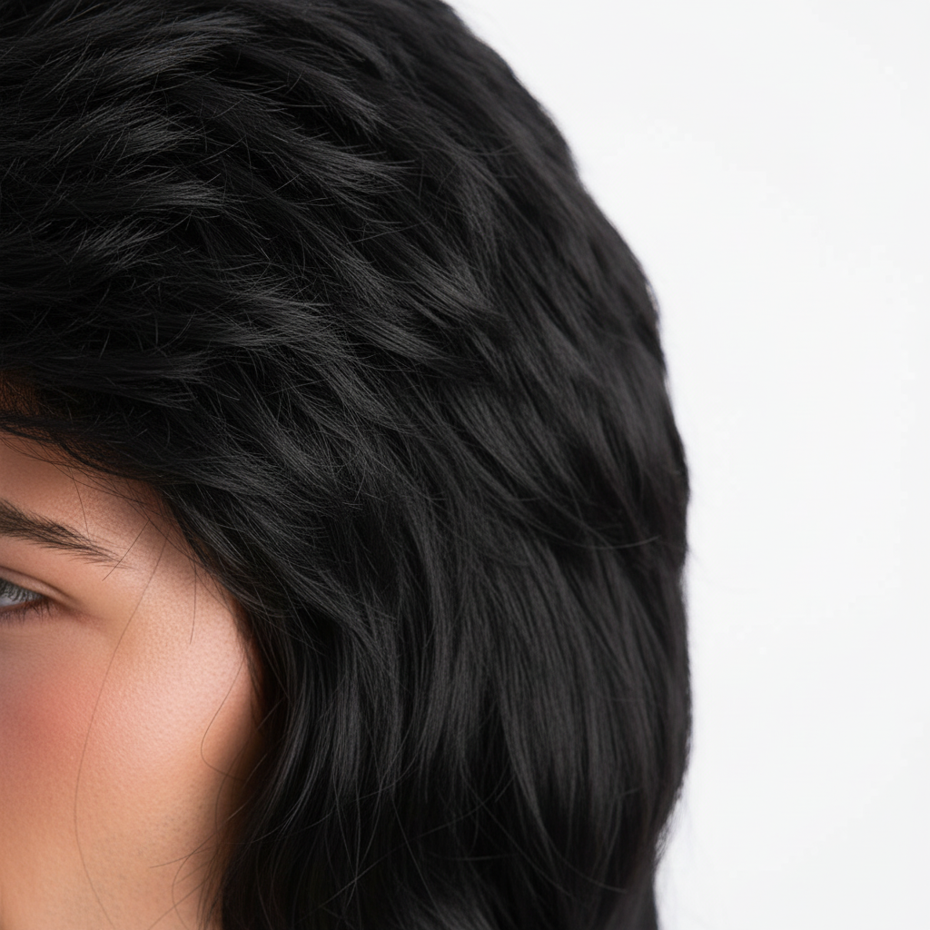 Extreme macro close-up of jet black synthetic mullet wig hair fibres showing texture, sheen and premium material quality