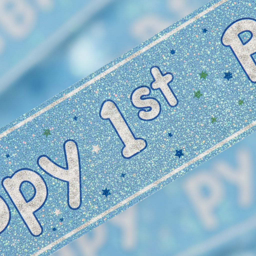 Close-up of prismatic holographic foil texture on blue birthday banner