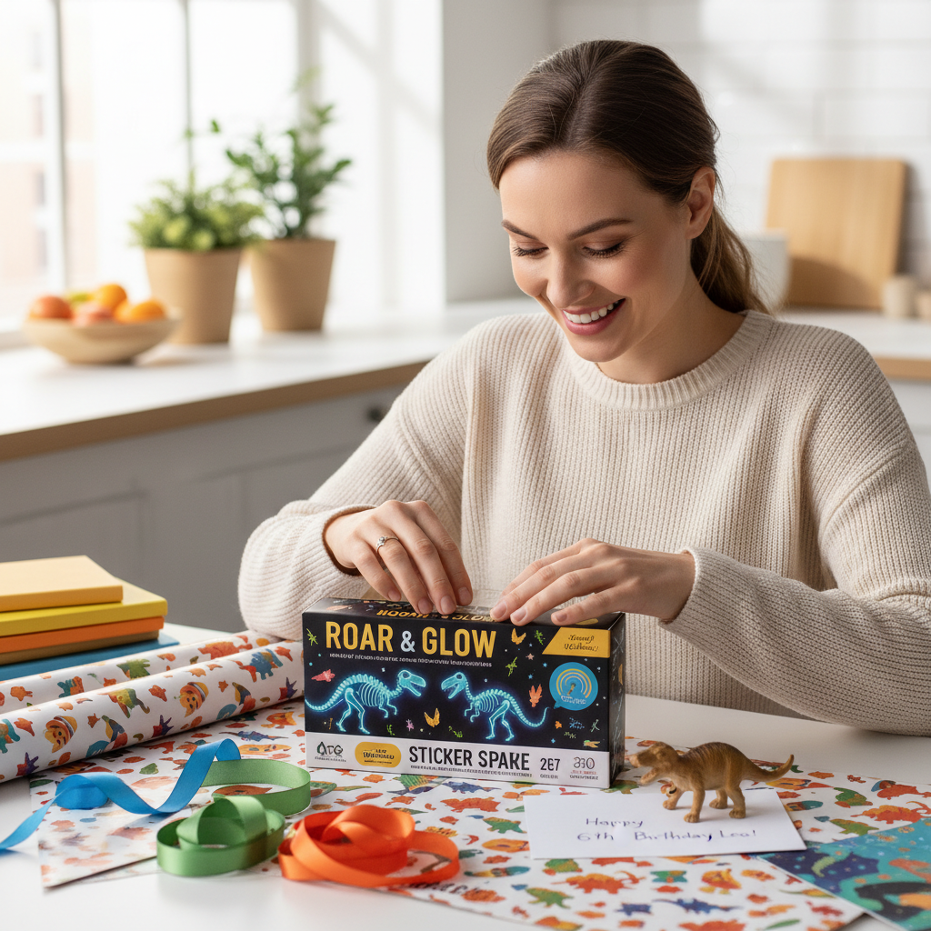 Mum wrapping glow in the dark dinosaur sticker set as a birthday gift with colourful wrapping paper and ribbons