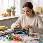 Mum wrapping glow in the dark dinosaur sticker set as a birthday gift with colourful wrapping paper and ribbons