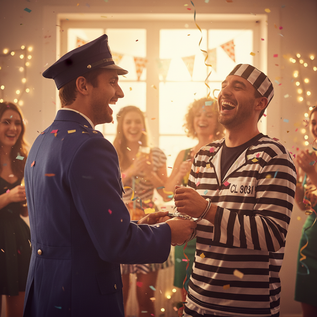 Police and prisoner fancy dress couple at party with chrome handcuffs, fun candid moment golden hour light