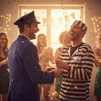 Police and prisoner fancy dress couple at party with chrome handcuffs, fun candid moment golden hour light