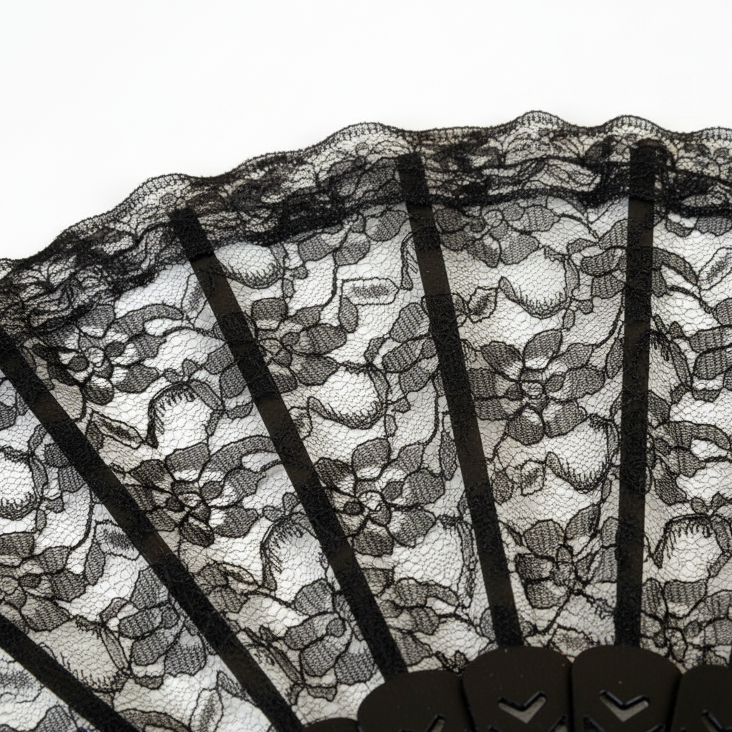 Close-up macro detail of intricate floral black lace pattern on hand fan