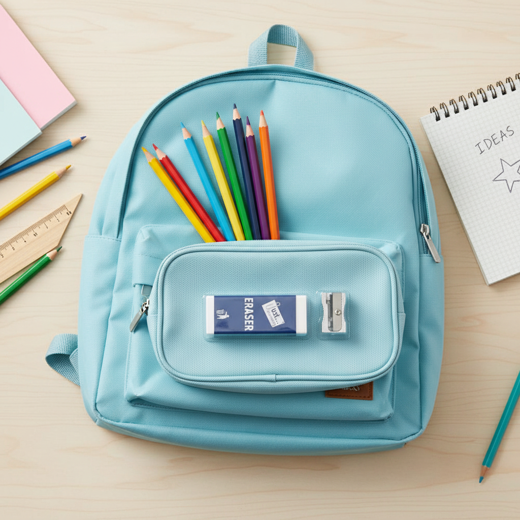 Flat lay of pencil sharpener and eraser set inside an open pencil case surrounded by coloured pencils, ruler and notebook on a wooden desk