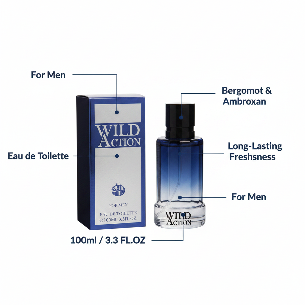Real Time Wild Action 100ml EDT feature infographic showing key product callouts — 100ml, Eau de Toilette, Bergamot, Long-Lasting, For Men