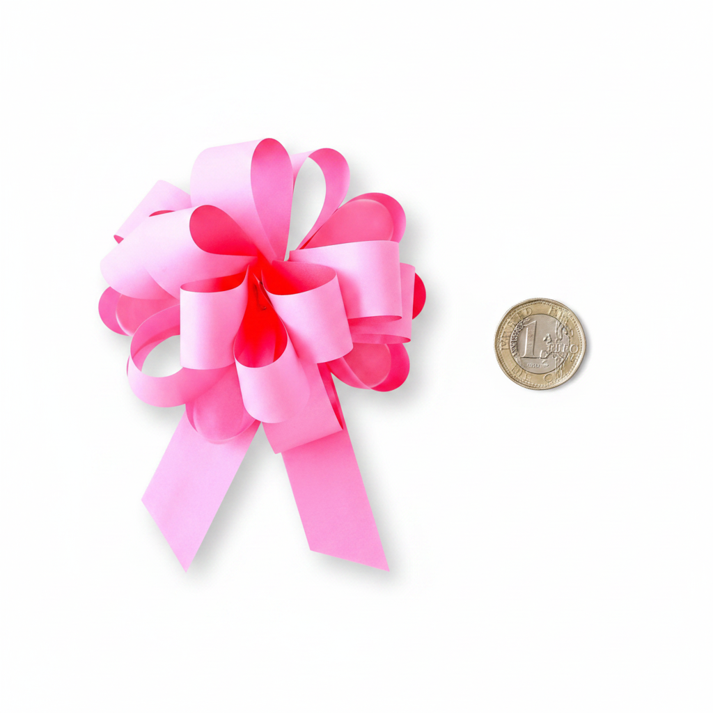 Large light pink pull bow 6 inch placed beside a £1 coin on white background to show scale