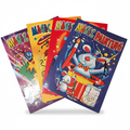 Four Magic Painting Books fanned out on white background showing navy, red, yellow and purple covers with cartoon characters