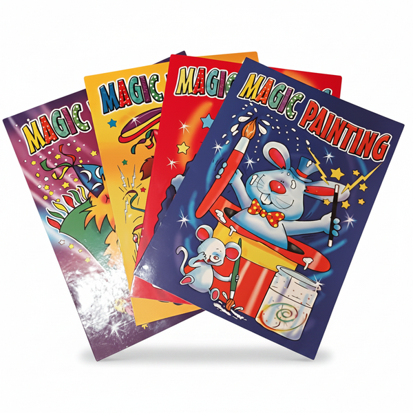 Four Magic Painting Books fanned out on white background showing navy, red, yellow and purple covers with cartoon characters