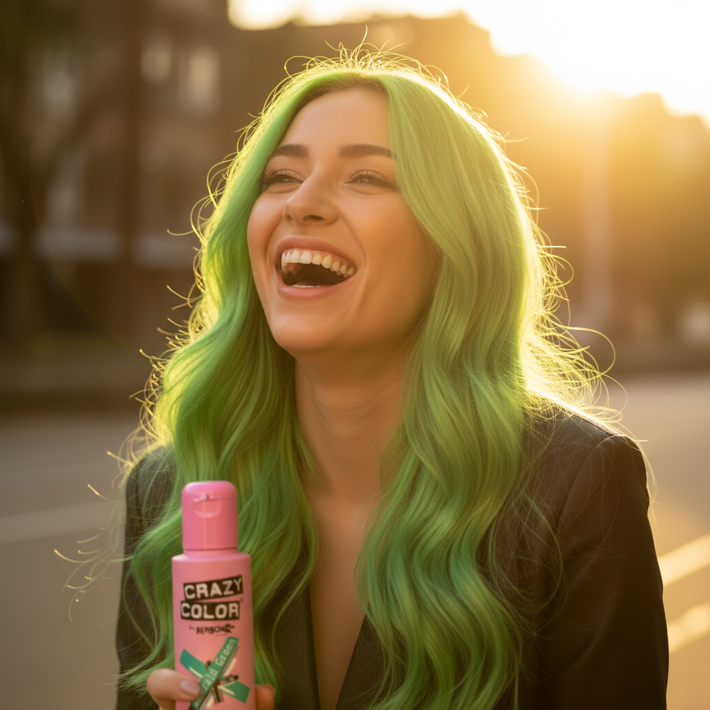 Woman with vibrant emerald green hair in golden hour light expressing bold self-confidence with Crazy Color