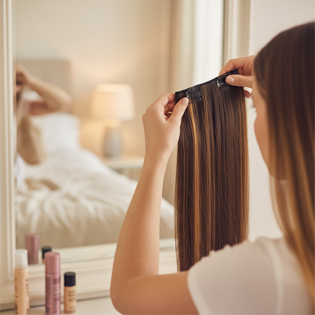 Woman clipping in a dark brown and caramel highlight hair extension, candid getting-ready moment, warm bokeh background