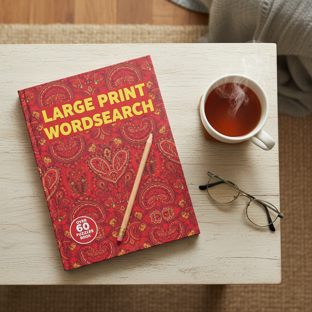 Large Print Wordsearch Book A4 flat lay with cup of tea, reading glasses and pencil