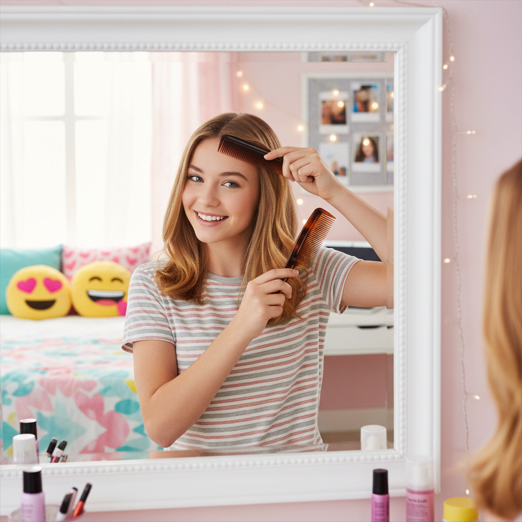 Teenage girl using tail comb to create side parting in hair - Hair Comb Set lifestyle