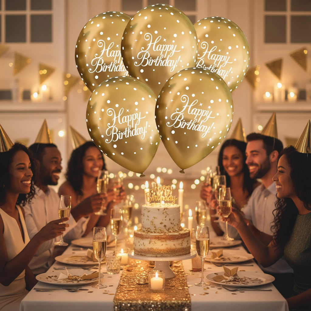 Gold sparkling fizz Happy Birthday balloons floating at elegant adult birthday party with cake and champagne