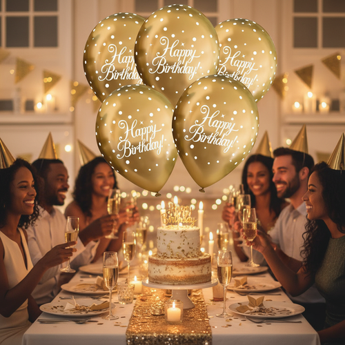 Gold sparkling fizz Happy Birthday balloons floating at elegant adult birthday party with cake and champagne