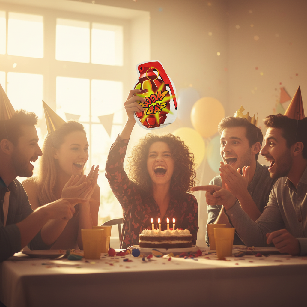 Group of friends laughing at a birthday party after HTI Boom Bomb Bag prank in warm golden hour light