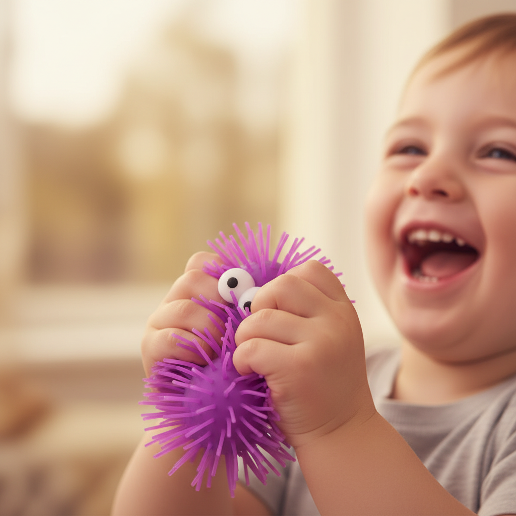 Child's hands squeezing a purple Big Eye Puffer Caterpillar toy, candid moment of delight, bokeh background, no glow effects