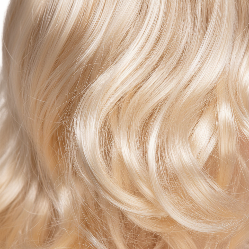 Extreme macro close-up of long blonde wavy wig hair strands showing golden blonde colour and wave texture