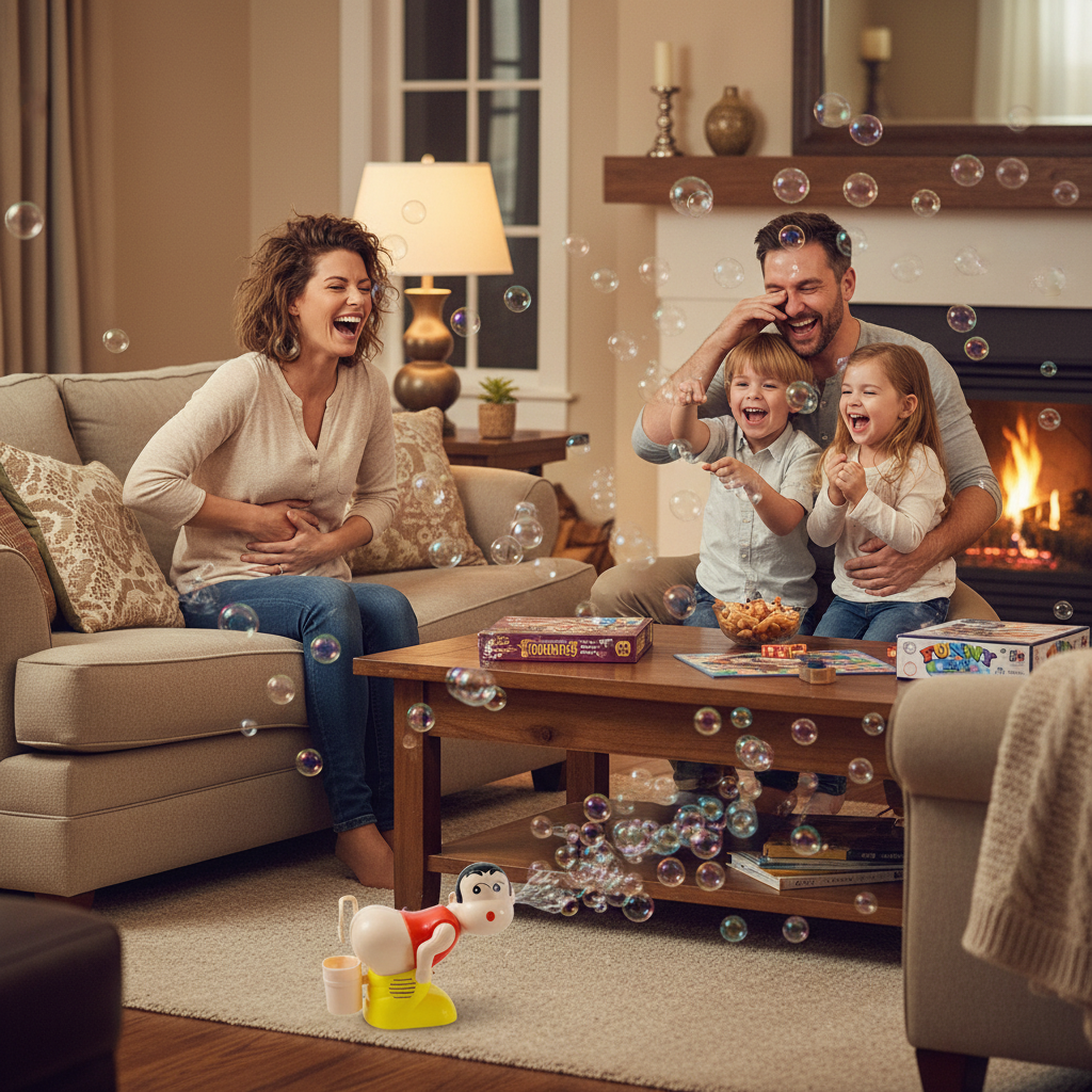 Family laughing together at Funny Boy Bubble Farting Machine in living room - lifestyle image