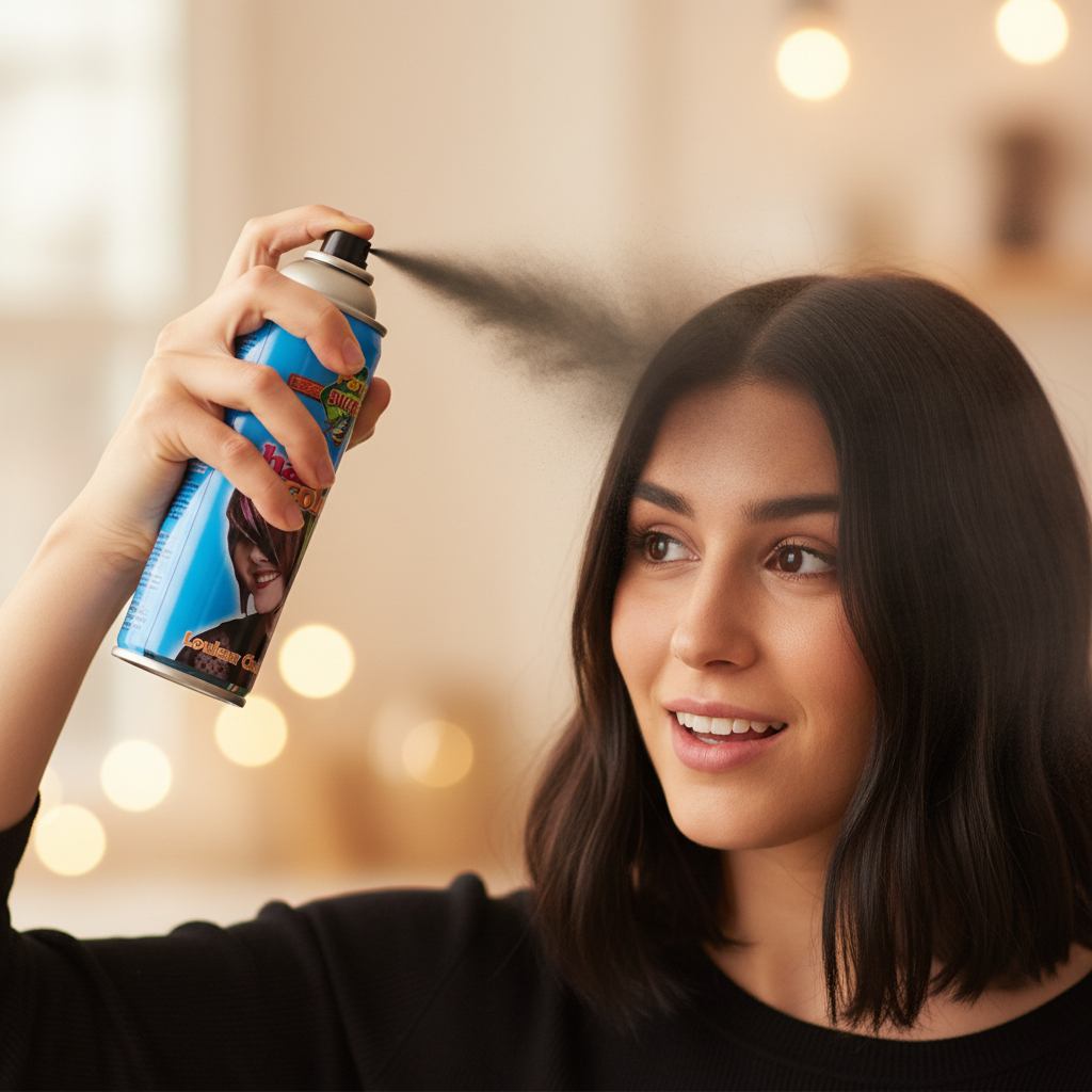 Person spraying Party Success Black Temporary Hair Colour Spray onto hair, candid lifestyle shot with creamy bokeh background