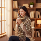 Woman wrapped in coffee brown lace shawl in cozy reading nook holding a warm mug of tea