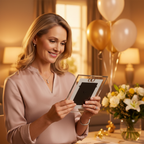 Elegant woman admiring a silver Age 60 milestone gift photo frame in a warm decorated living room