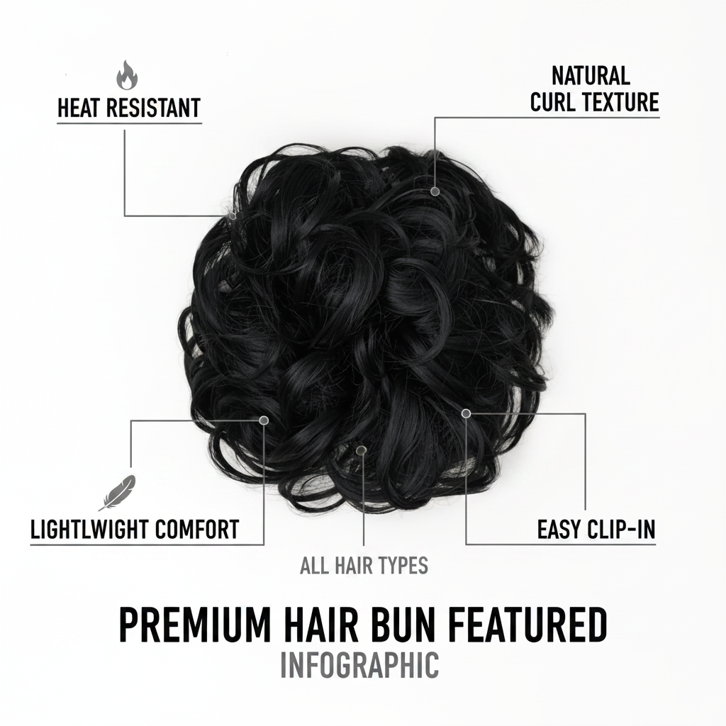 Premium feature infographic for jet black curly messy hair bun showing key features: heat resistant, jet black colour, voluminous curl texture, lightweight, easy clip-in
