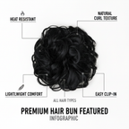 Premium feature infographic for jet black curly messy hair bun showing key features: heat resistant, jet black colour, voluminous curl texture, lightweight, easy clip-in