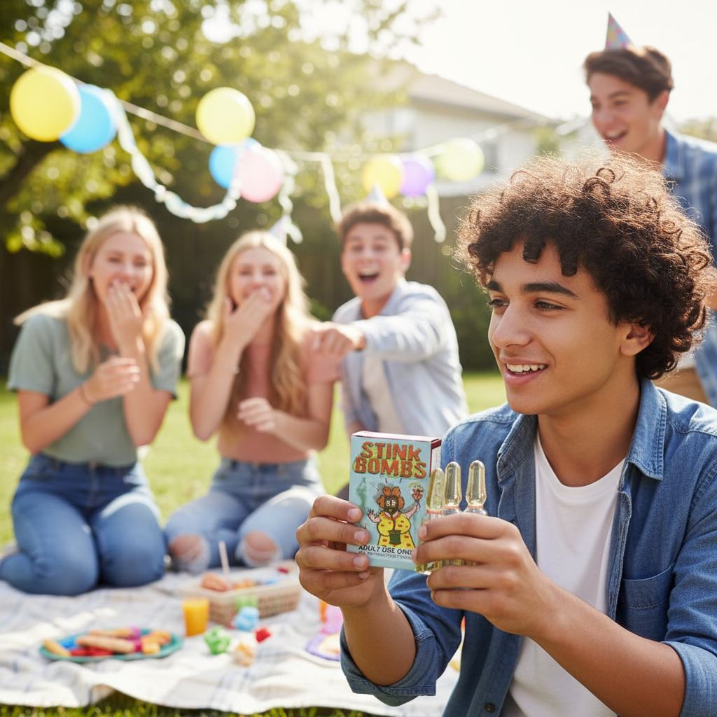 Teenagers using Stink Bombs Pack of 3 at birthday party - fun prank novelty gift creating laughter and entertainment