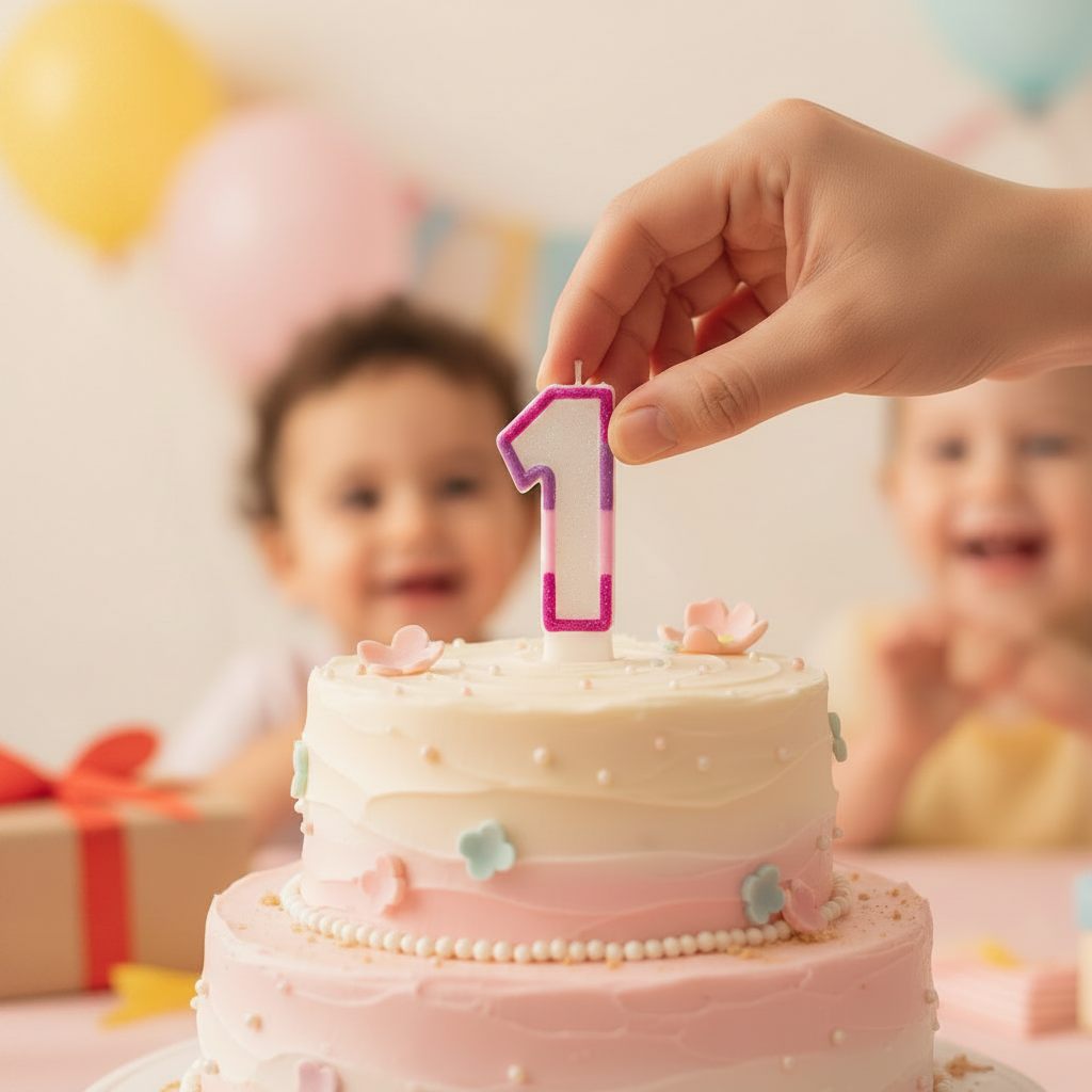 Hand placing pink glitter number 1 birthday candle onto a first birthday cake, warm bokeh background