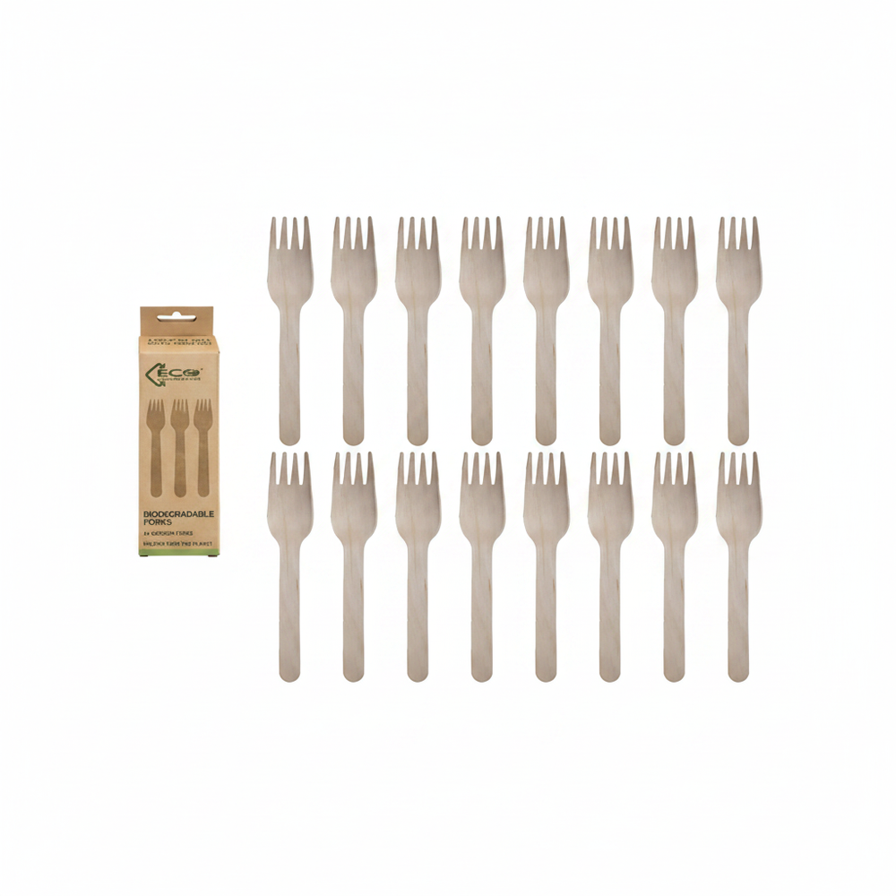 Eco Birchwood Wooden Forks 24 pack arranged on a crisp white background