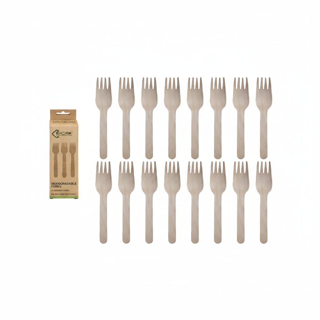 Eco Birchwood Wooden Forks 24 pack arranged on a crisp white background