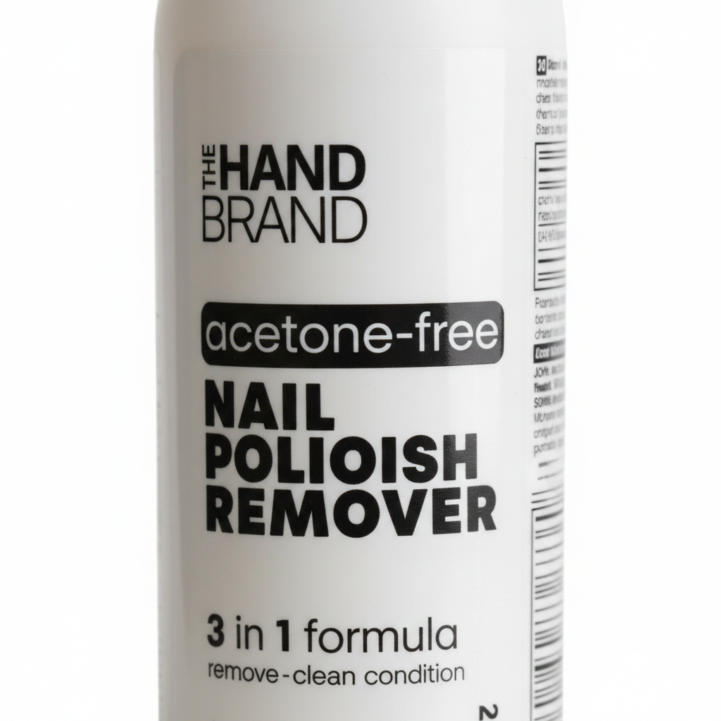 Extreme macro close-up of The Hand Brand Acetone-Free Nail Polish Remover label showing acetone-free 3 in 1 formula text detail