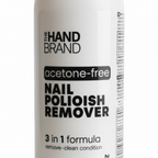 Extreme macro close-up of The Hand Brand Acetone-Free Nail Polish Remover label showing acetone-free 3 in 1 formula text detail