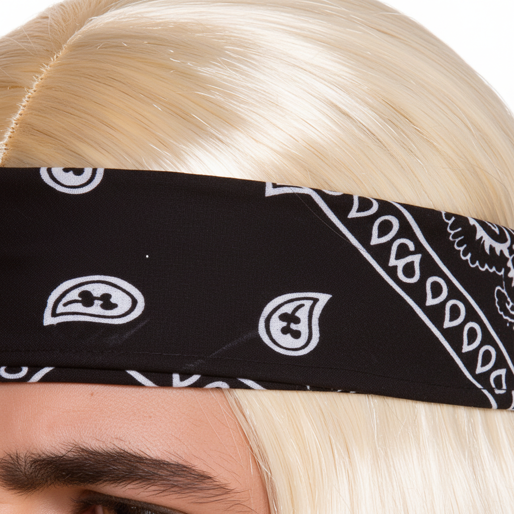 Extreme macro close-up of Mens 90s Blonde Rocker Wig showing warm golden blonde synthetic hair fibre texture and black and white paisley bandana detail