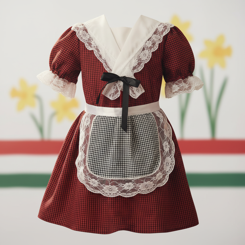 Girls Welsh Costume 7-8 Years - Traditional red checked dress with white lace trim, white apron and black ribbon bow on heritage background
