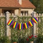 Gay Pride rainbow flag bunting strung along garden fence in natural daylight setting
