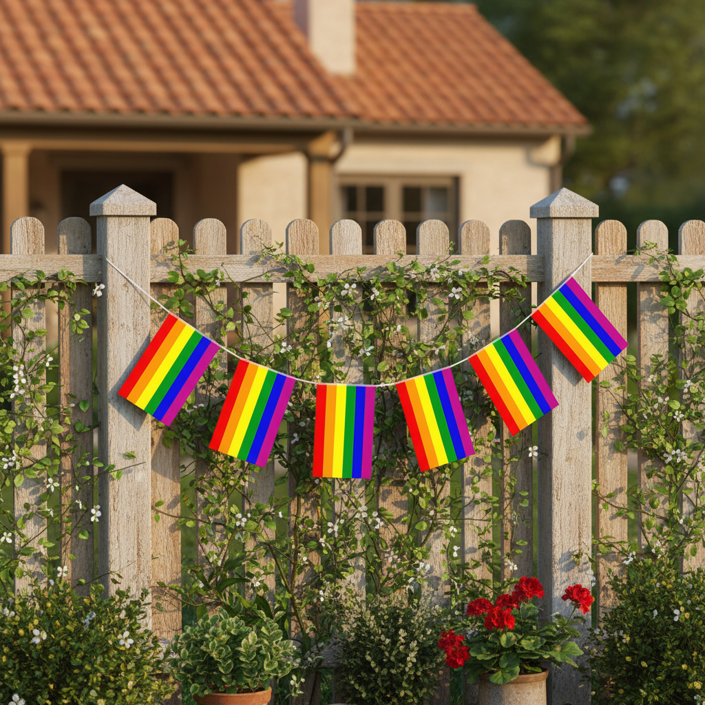 Gay Pride rainbow flag bunting strung along garden fence in natural daylight setting