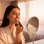 Woman applying Laval Pink Lipstick Dawn Glow 38 in golden hour light