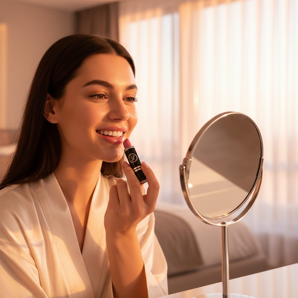 Woman applying Laval Pink Lipstick Dawn Glow 38 in golden hour light
