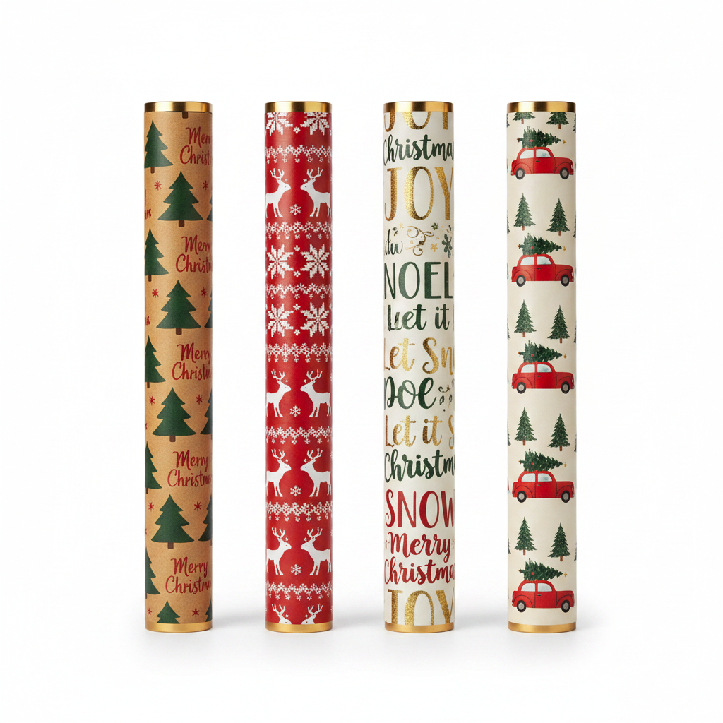 North Pole Traditional Christmas Wrapping Paper Roll 4m — four roll designs on white studio background